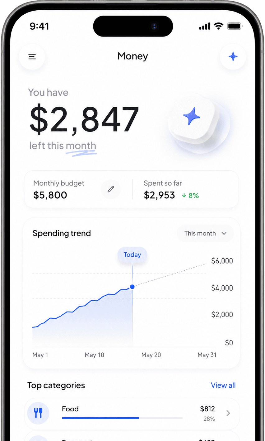 Bleui app screen showing a spending pulse chart with monthly totals