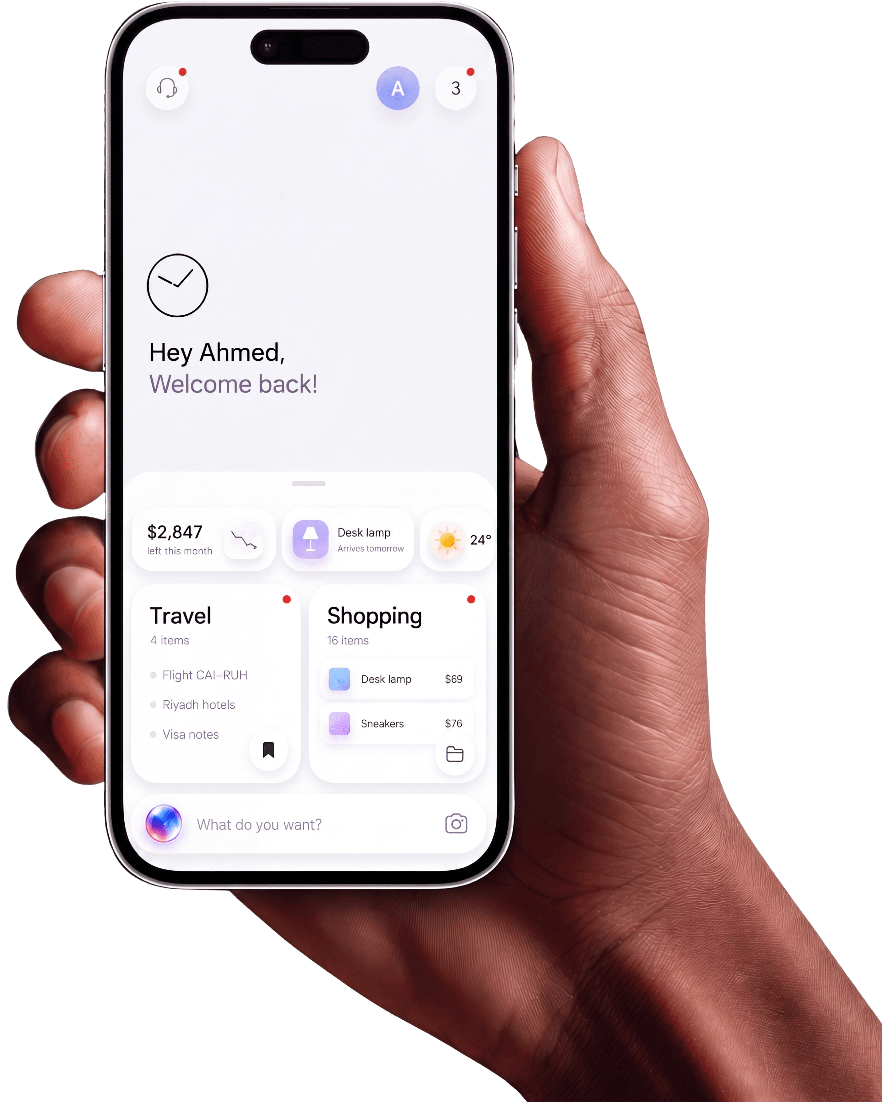 Hand holding a phone with the Bleui home screen: greeting, money pulse and collections