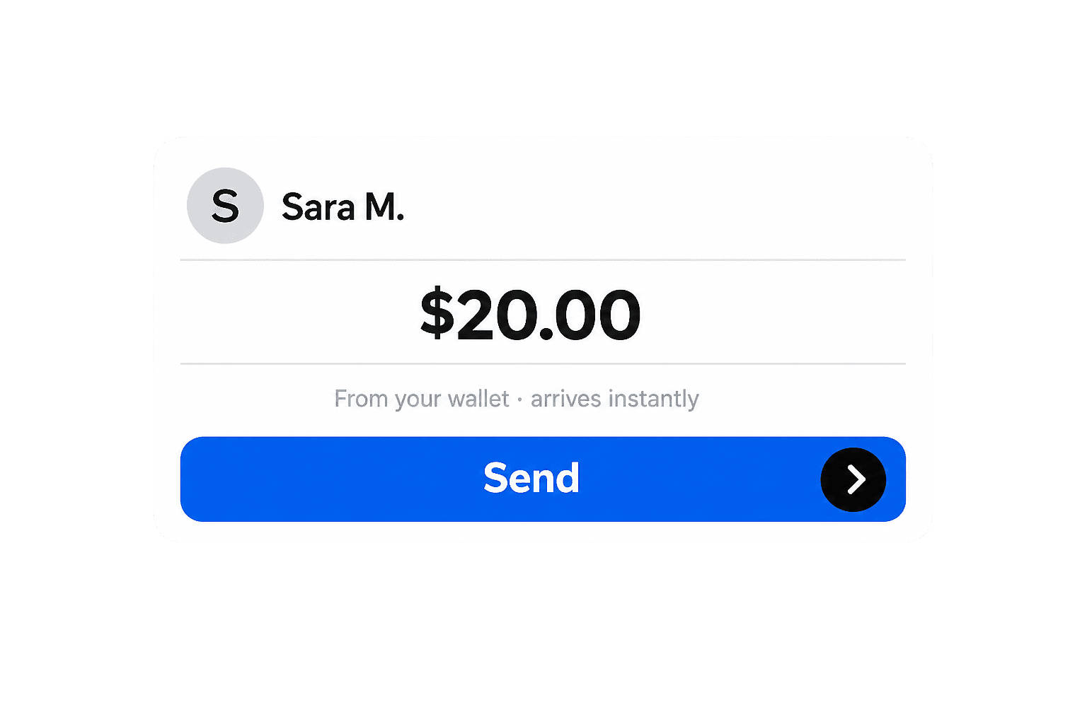 Sending Sara $20 from the Bleui wallet with a single sentence